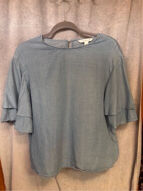 POPSUGAR Chambray Blue Ruffle Sleeve Blouse